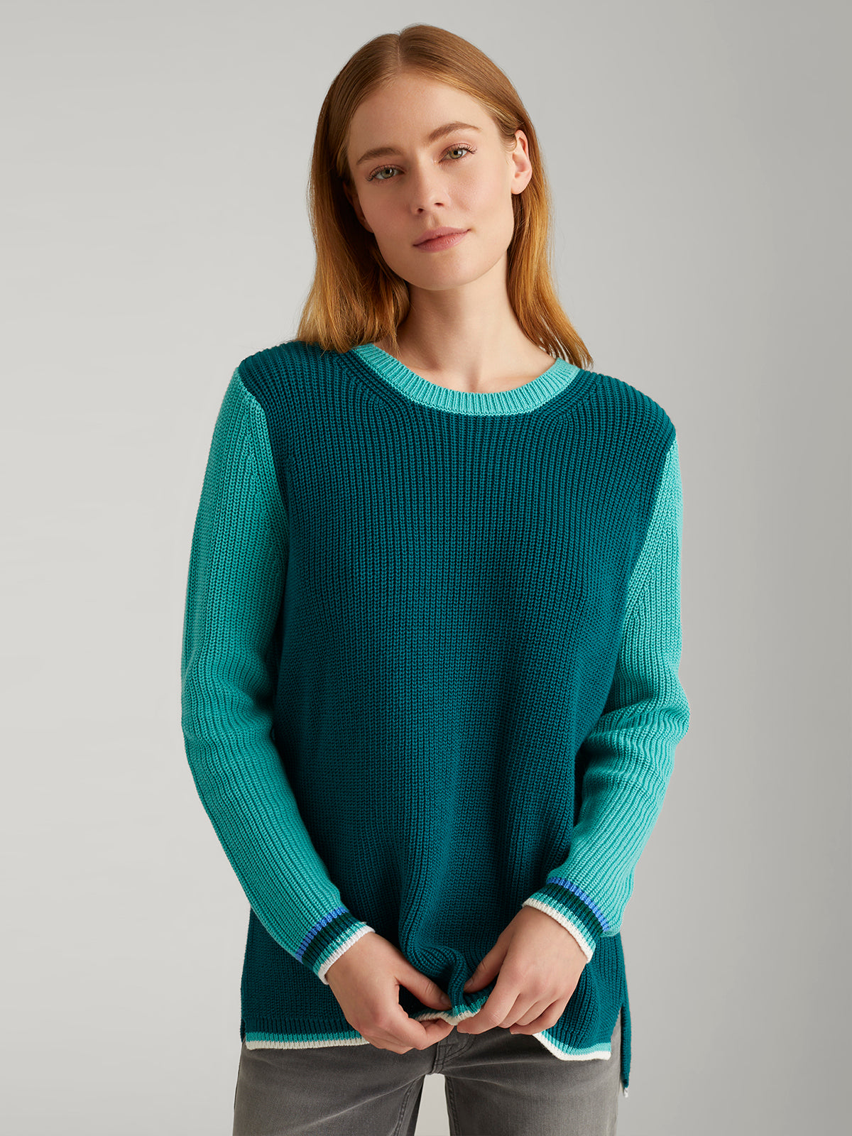 Emma: 100% Cotton Tipped Crewneck Shaker Stitch Sweater