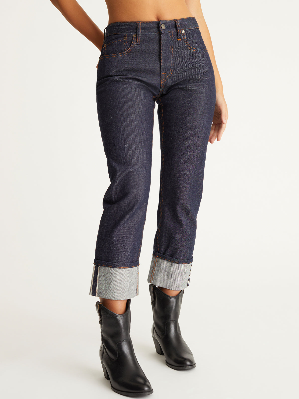 Raw Selvage Mid Rise Relaxed Straight Jeans