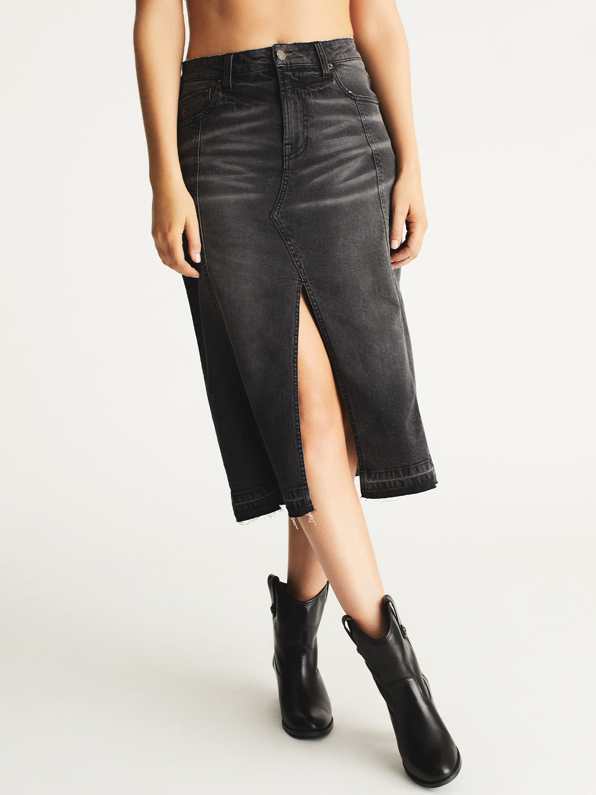 Front Denim Midi Skirt