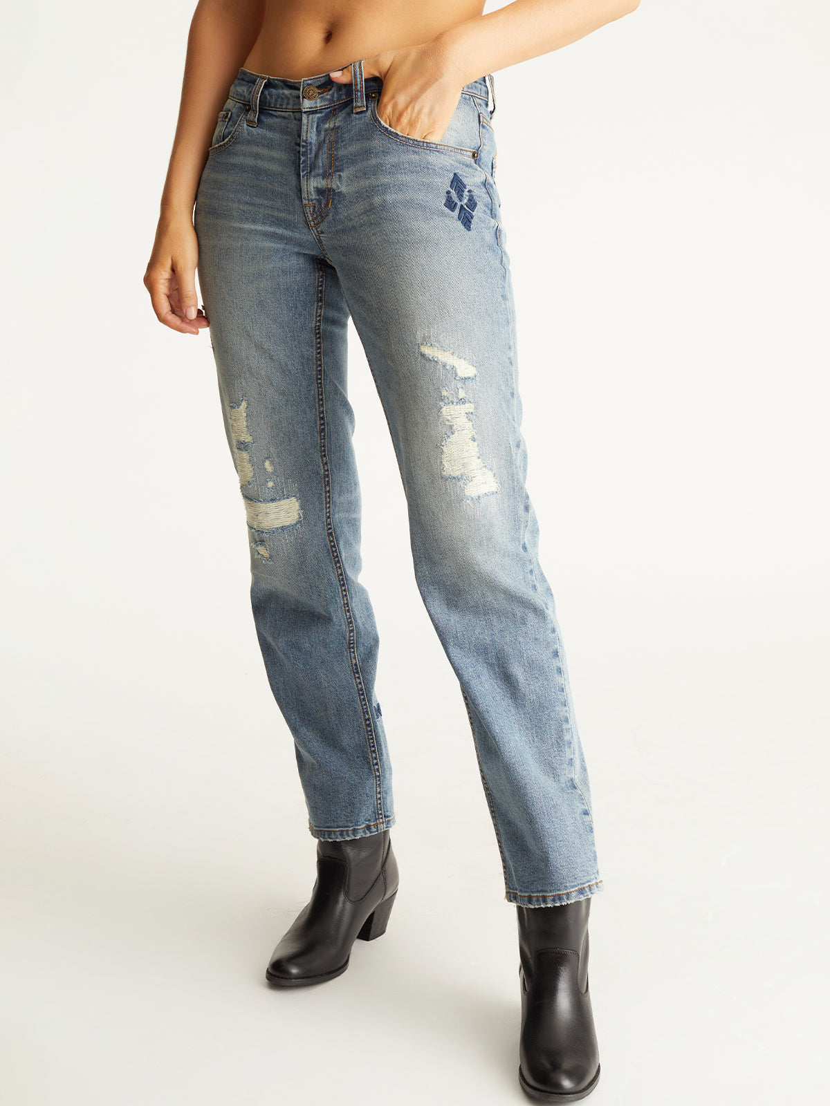 Destructed Embroidered Straight-Leg Denim Jeans