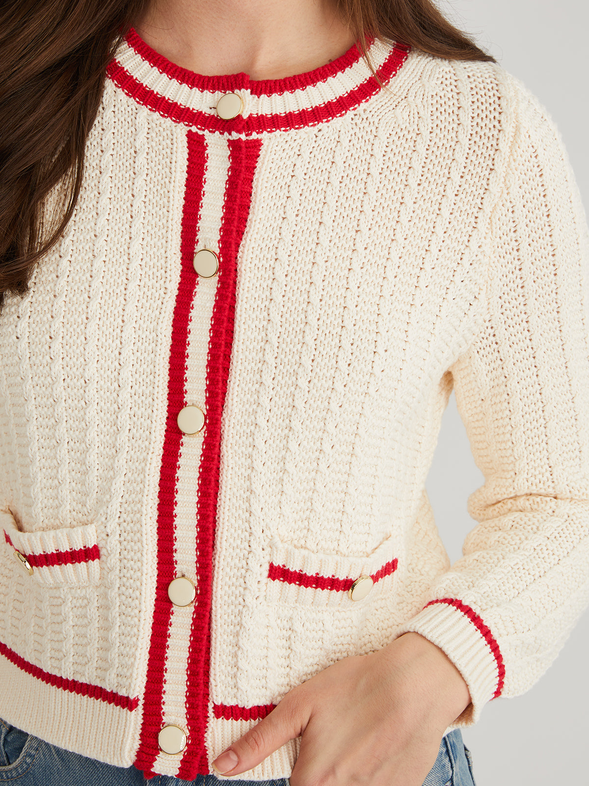 Laurel: 100% Cotton Crewneck Tipped Cardigan