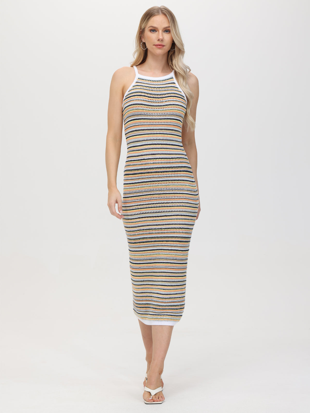 Scarlett: 100% Cotton Crochet Stripe Midi Dress