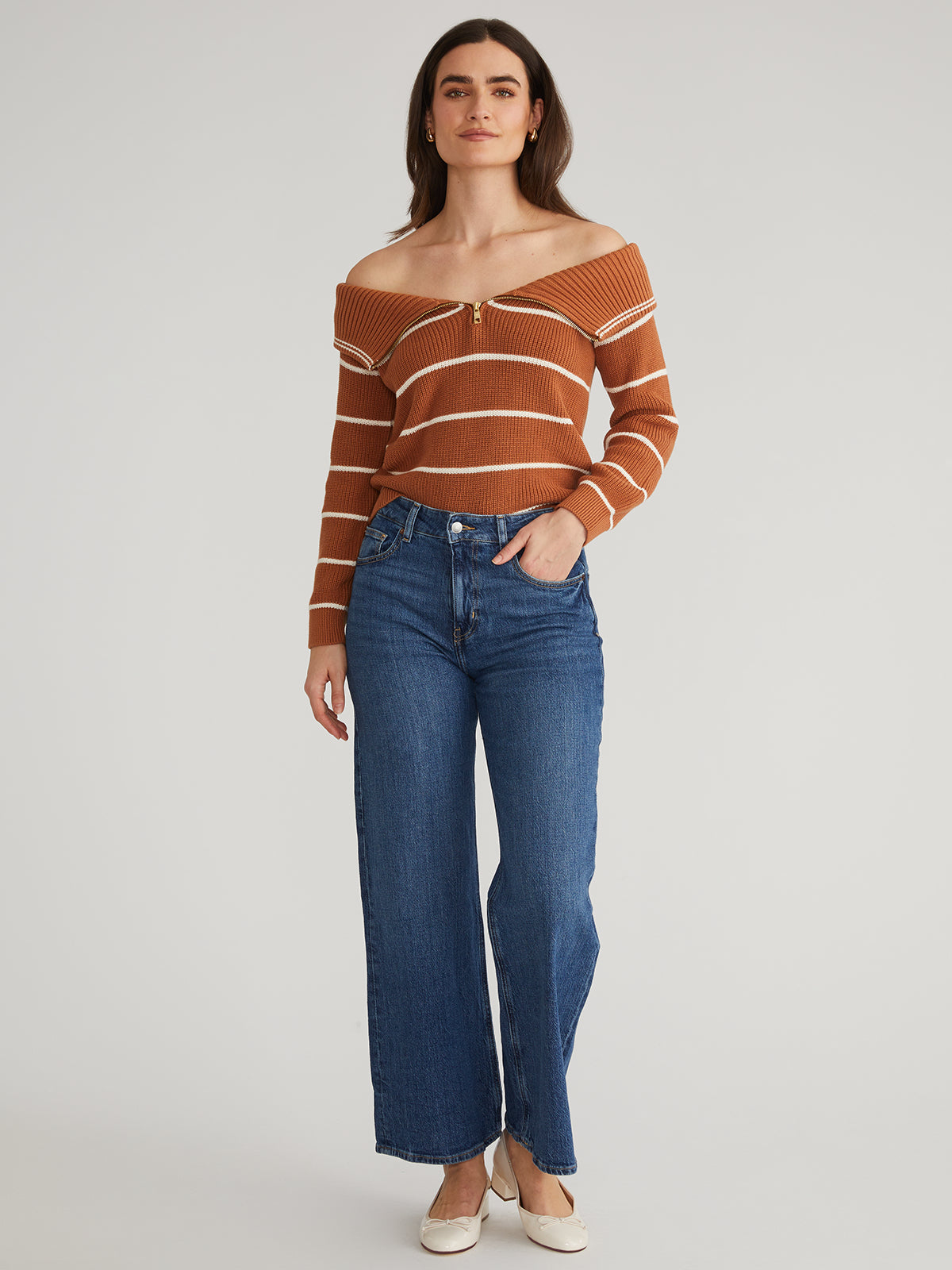 Sierra: 100% Cotton Stripe Off Shoulder Pullover