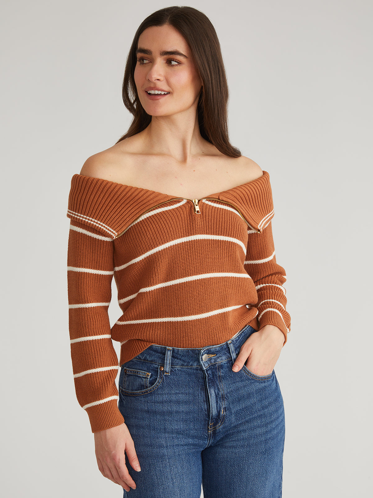 Sierra: 100% Cotton Stripe Off Shoulder Pullover