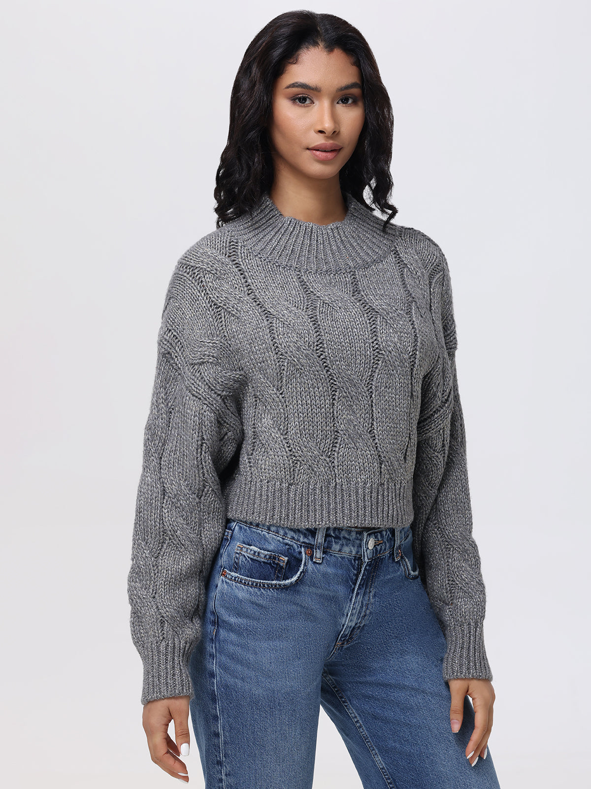 The Fisher Project Size L Merino Wool Blend store Cable Knit Crop Sweater Gray Moon