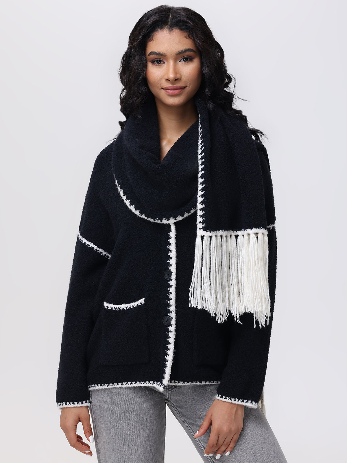 Tierney: Whipstitch Scarf Neckline Cardigan