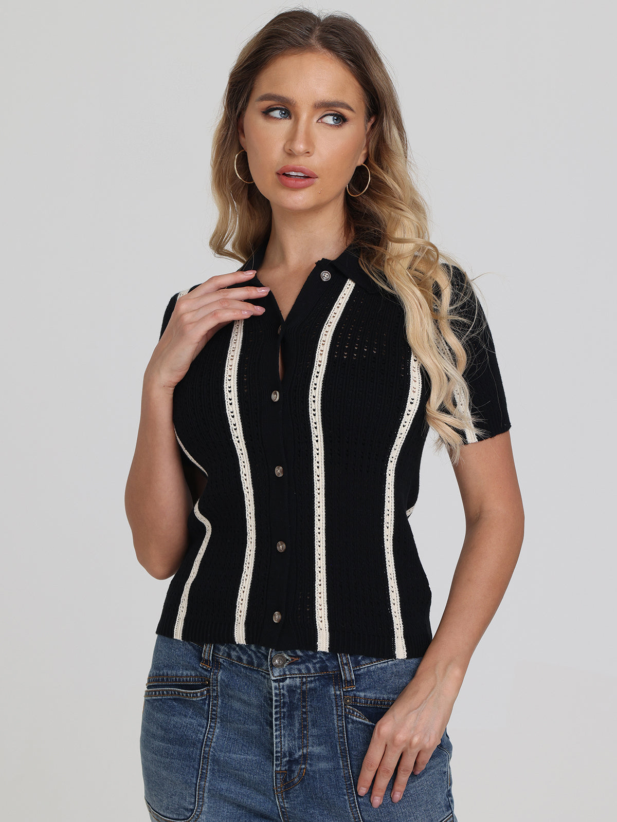 Jada: Stripe Polo Button Down Top