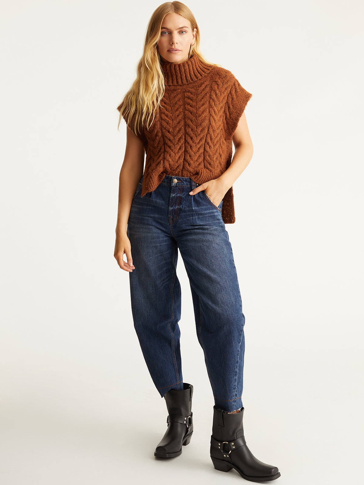 Studded-Waist Barrel-Leg Cotton Denim Jeans