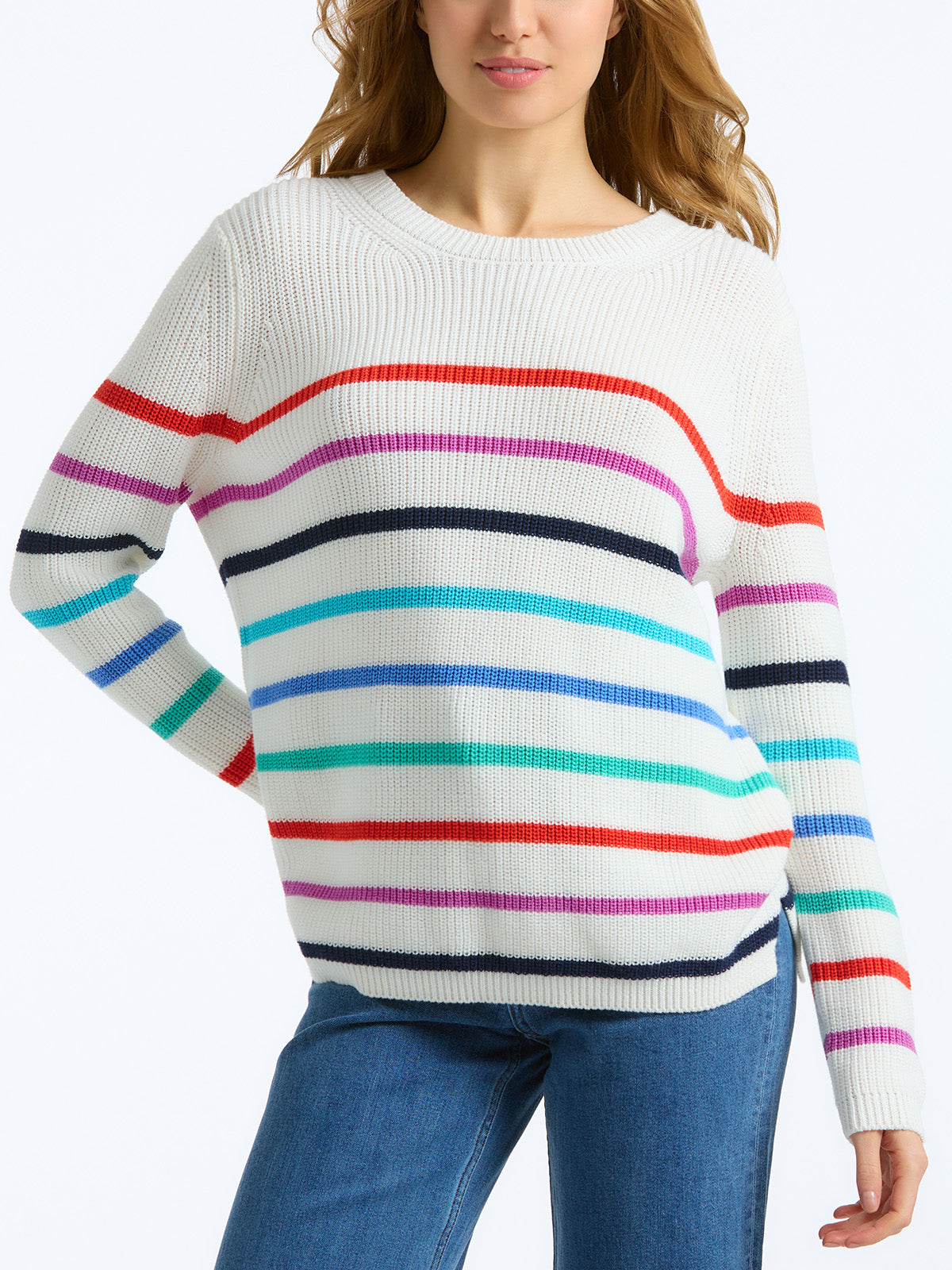 The Emma: 100% Cotton Stripe Crewneck Shaker Stitch Sweater