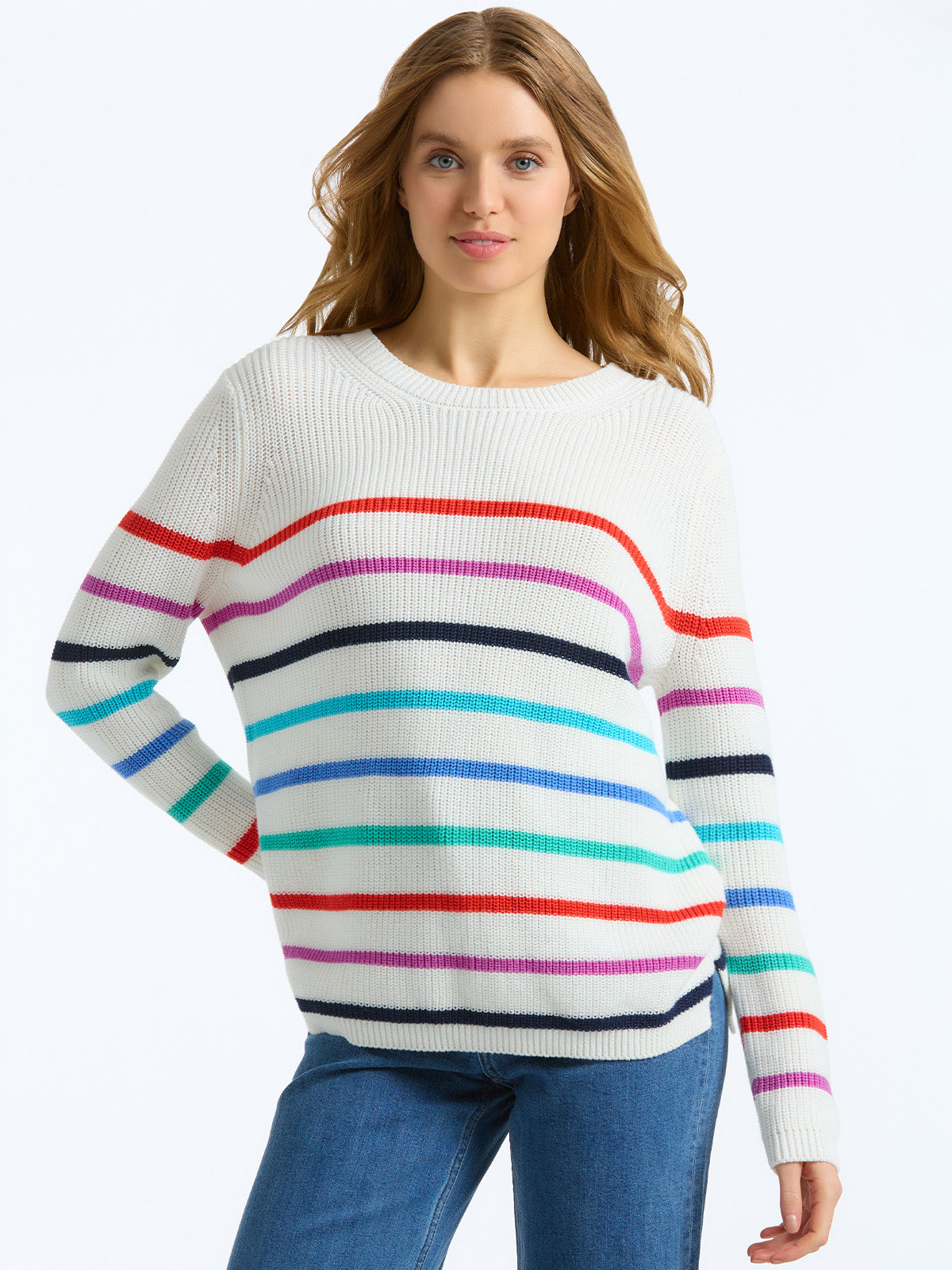 The Emma: 100% Cotton Stripe Crewneck Shaker Stitch Sweater