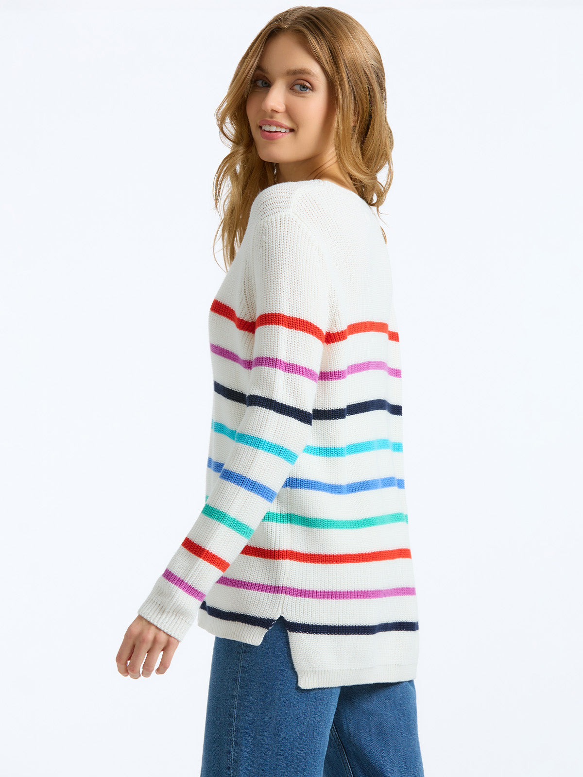 The Emma: 100% Cotton Stripe Crewneck Shaker Stitch Sweater