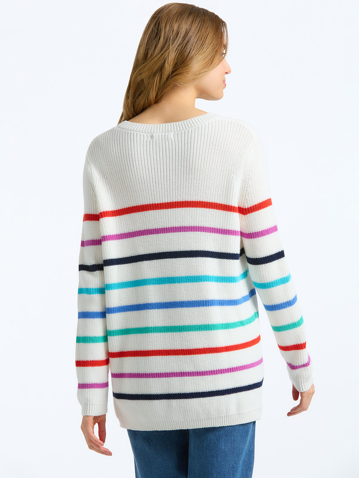 The Emma: 100% Cotton Stripe Crewneck Shaker Stitch Sweater