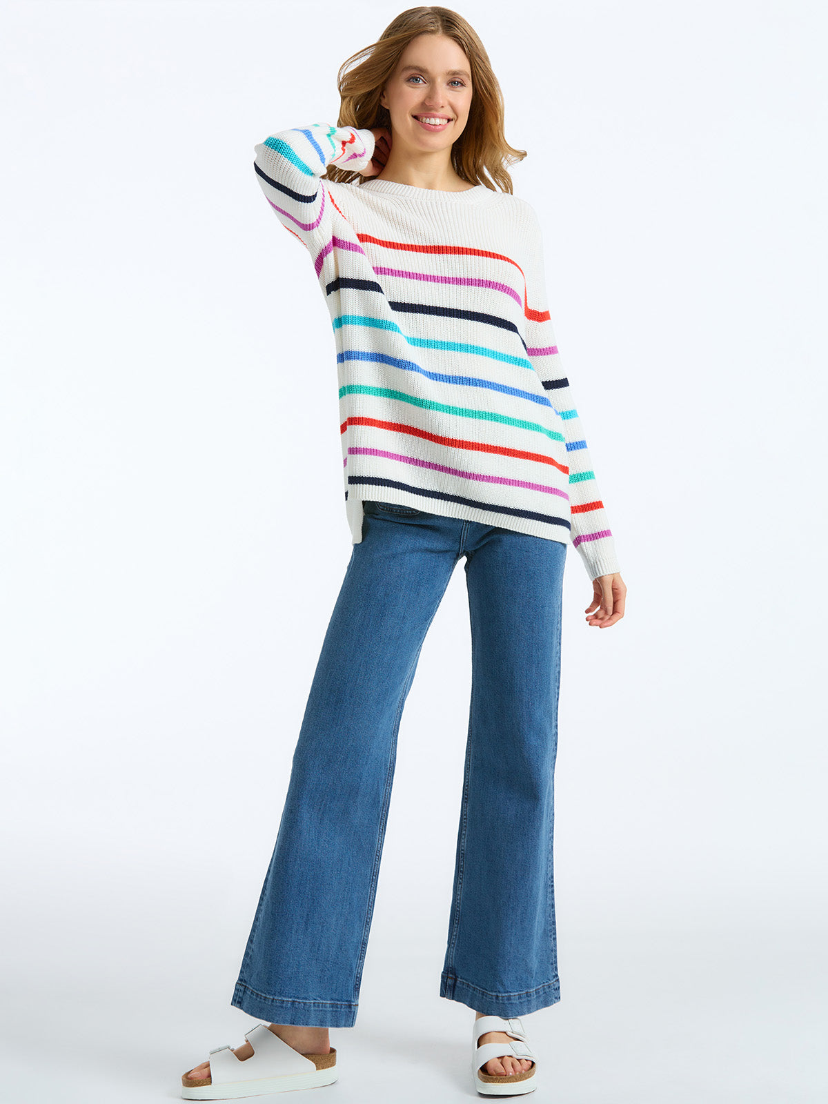 The Emma: 100% Cotton Stripe Crewneck Shaker Stitch Sweater