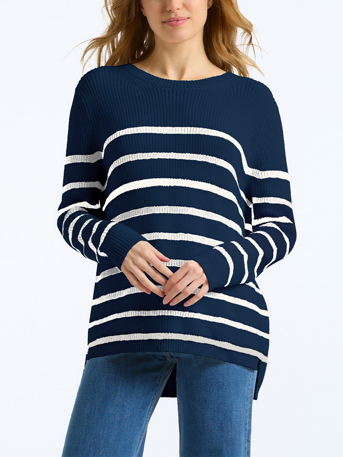 The Emma: 100% Cotton Stripe Crewneck Shaker Stitch Sweater