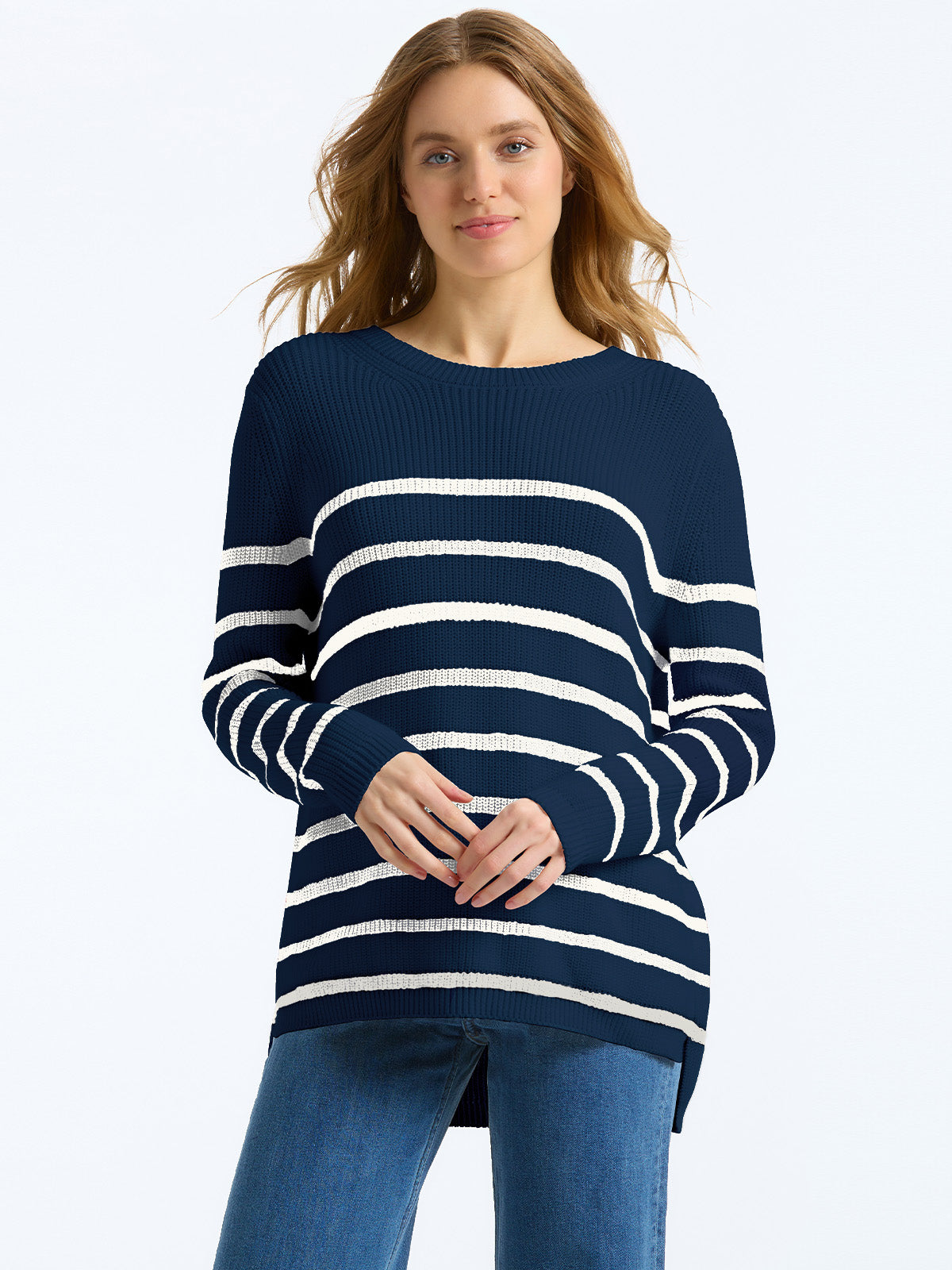 The Emma: 100% Cotton Stripe Crewneck Shaker Stitch Sweater