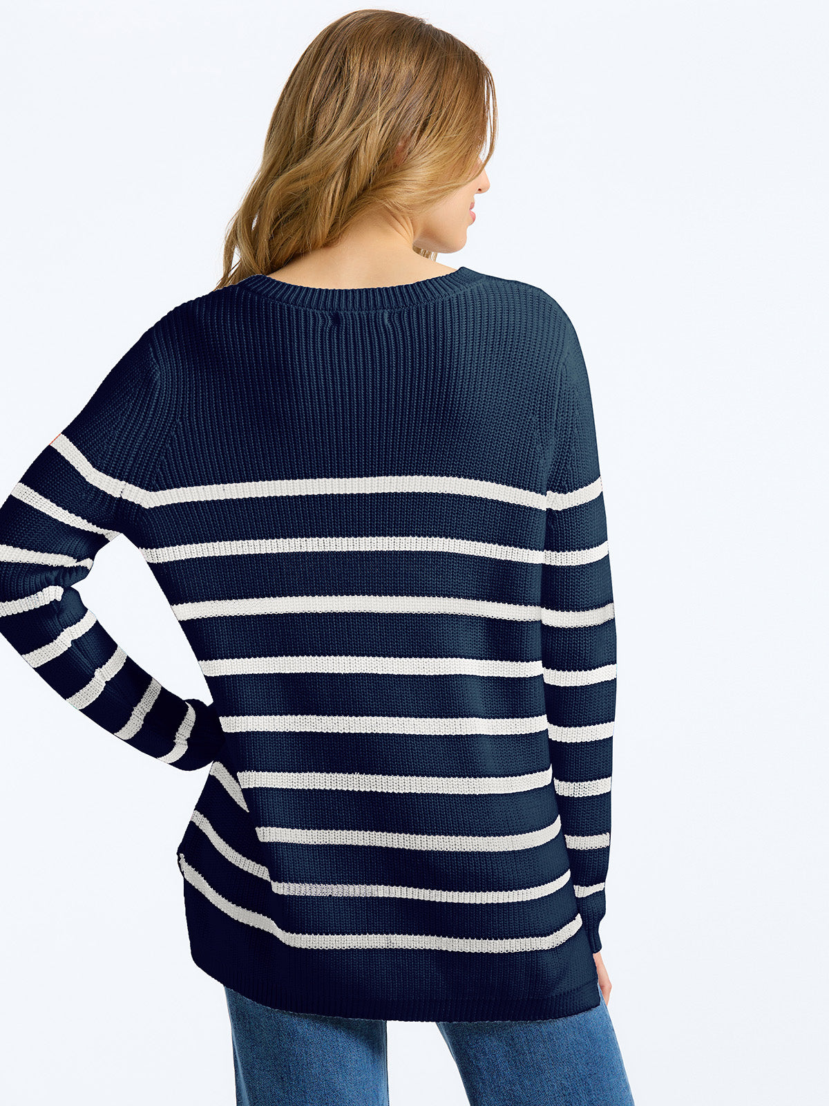 The Emma: 100% Cotton Stripe Crewneck Shaker Stitch Sweater