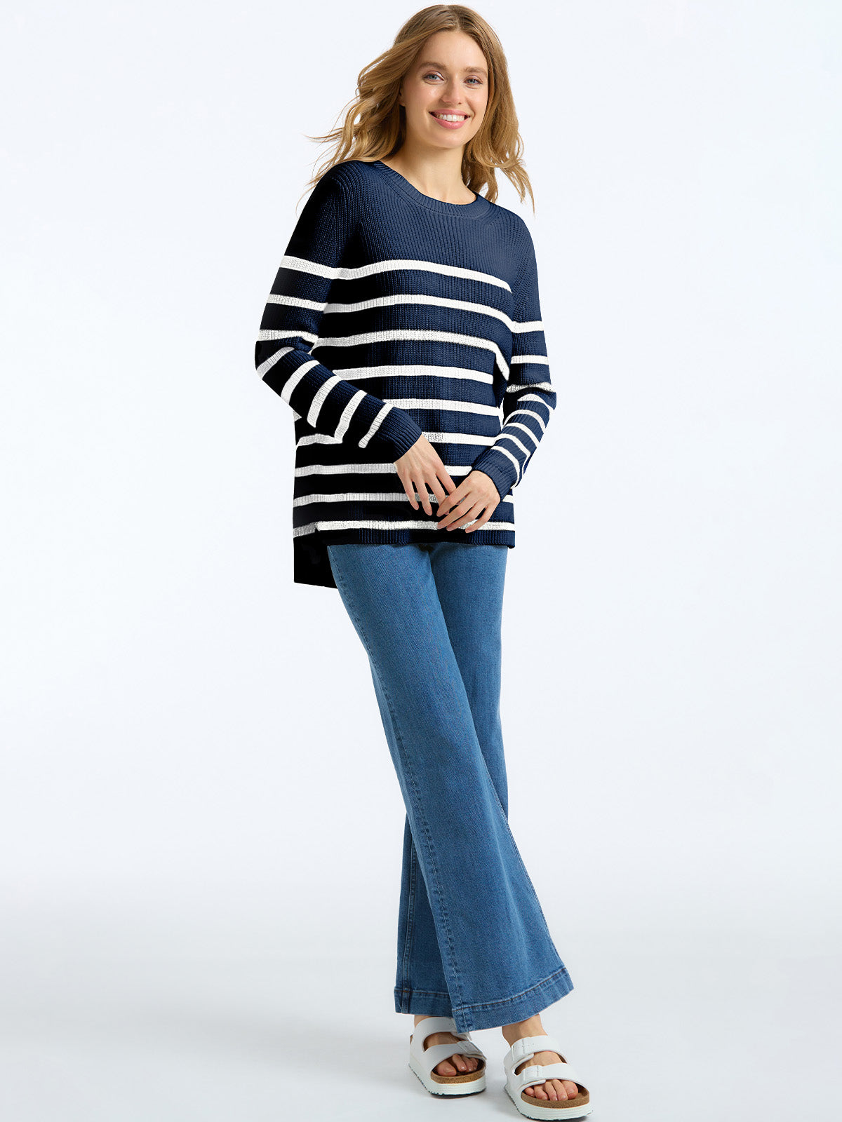 The Emma: 100% Cotton Stripe Crewneck Shaker Stitch Sweater